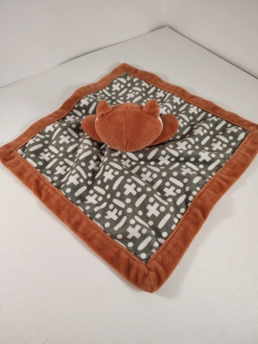 Levtex Orange Fox Baby Lovey Security Blanket Brown Gray Plus Cross Dot White